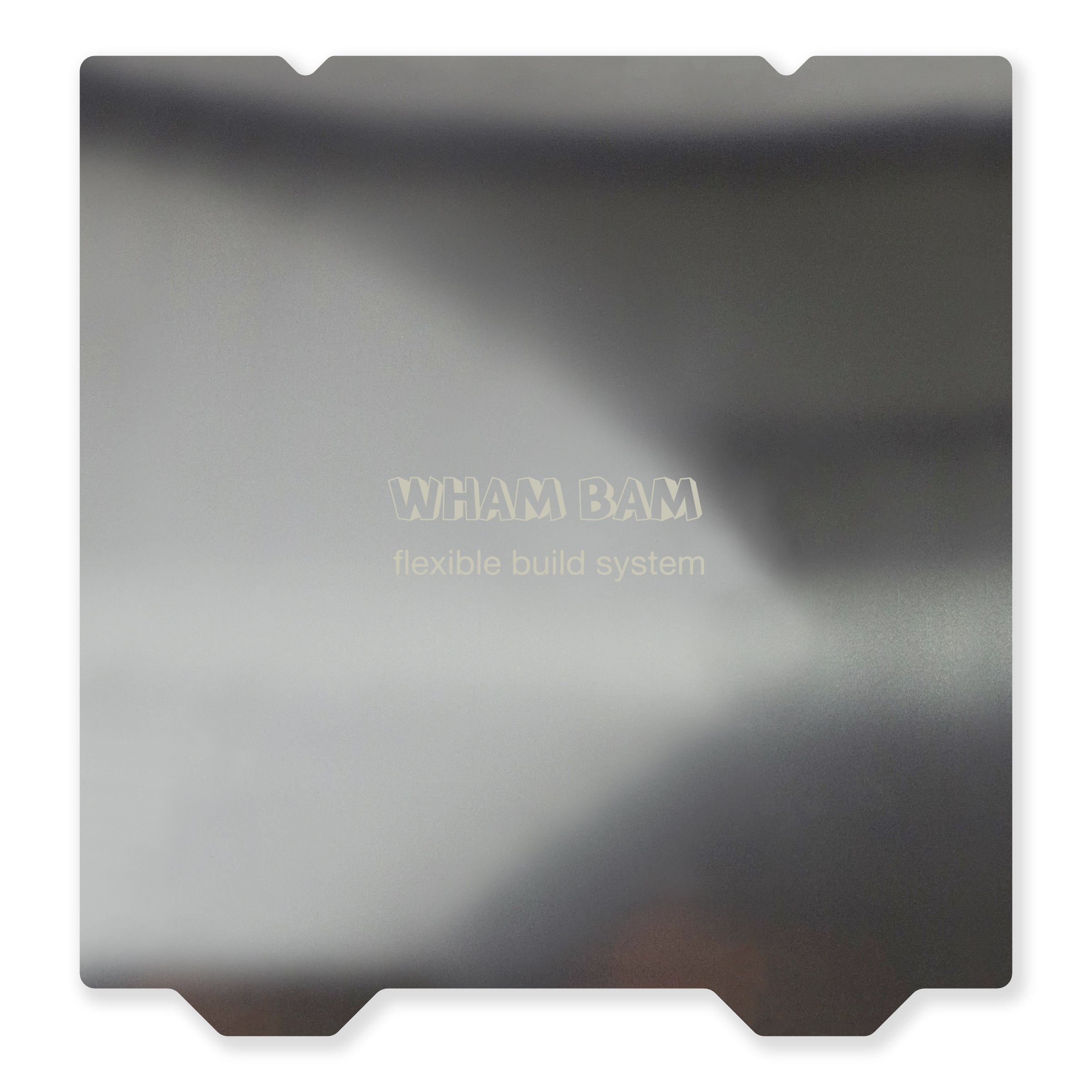 Close-up of the 235x235mm flexi plate with rounded corners and alignment notches for precise setup