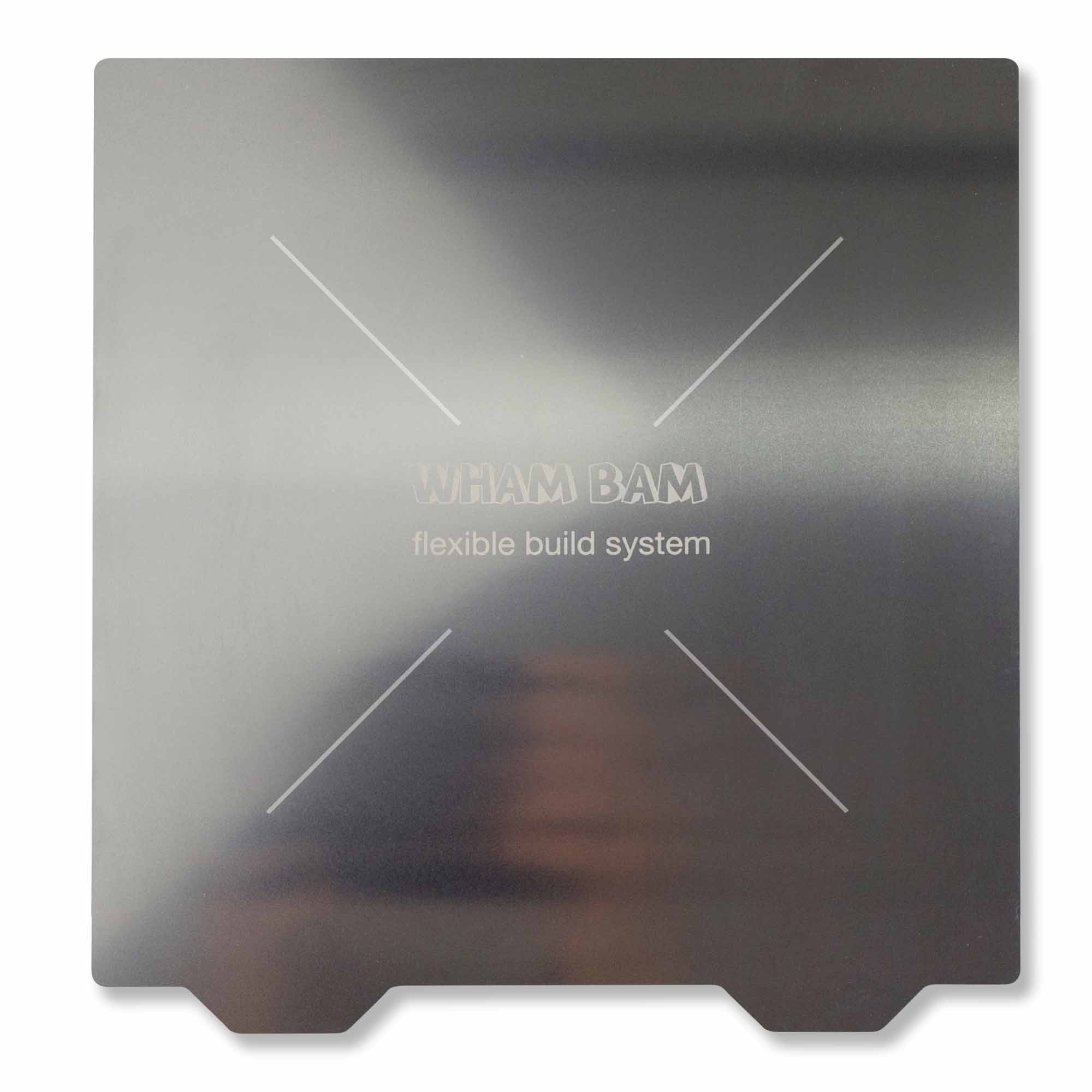 Close-up of the flexible build plate highlighting the high-quality spring steel material and its resistance to bending.
