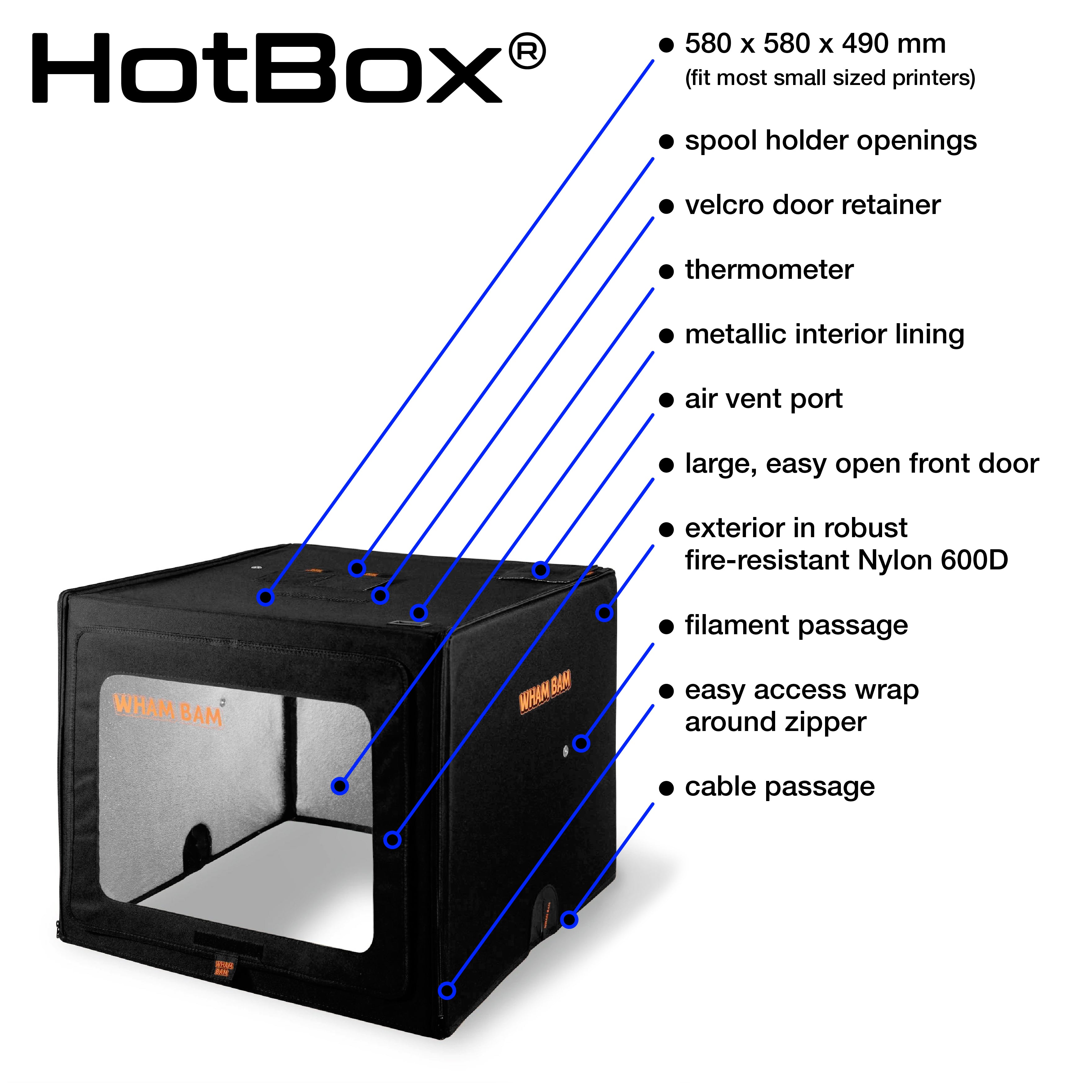 Open HotBox Pro showing cable exits and interior insulation for high-temperature printing