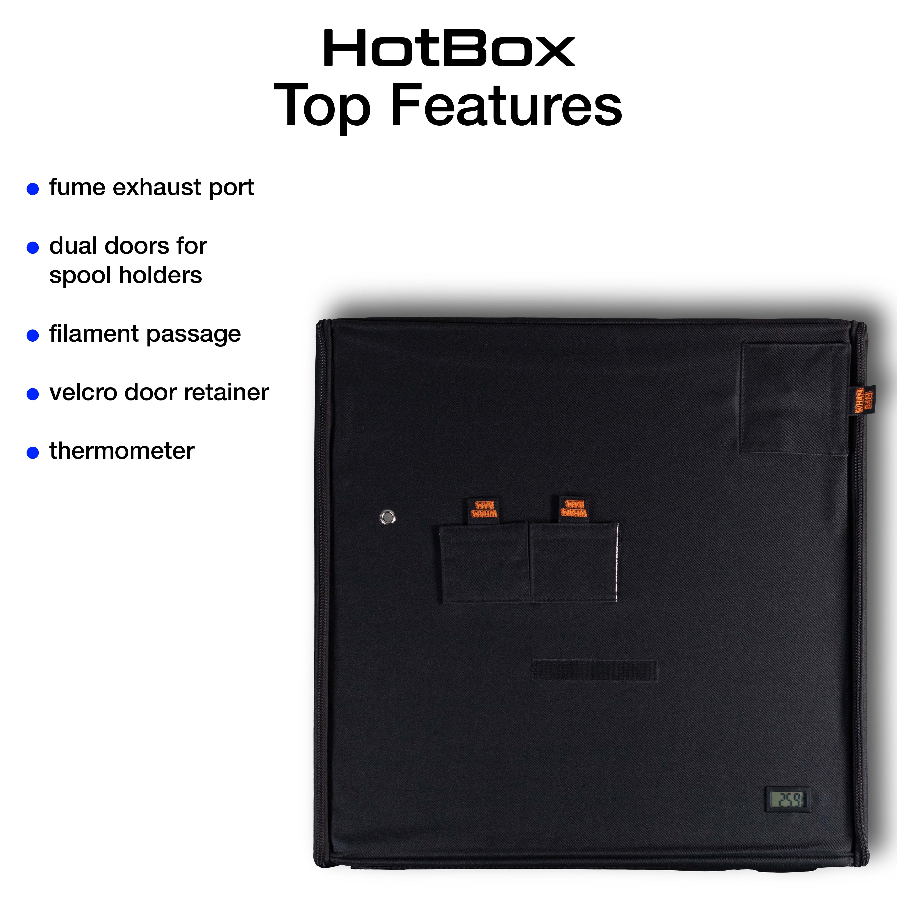 Open HotBox Pro showing cable exits and interior insulation for high-temperature printing