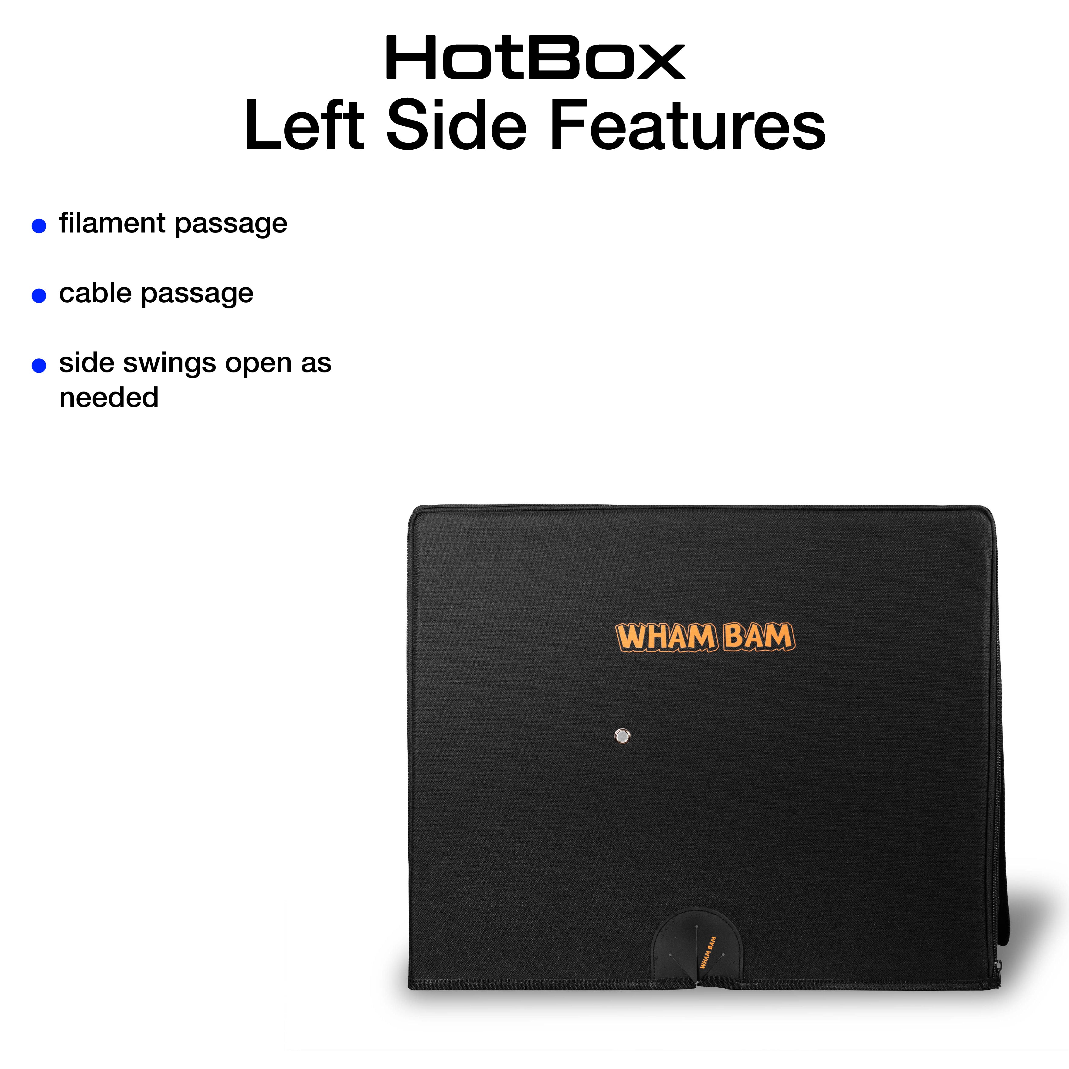 Open HotBox Pro showing cable exits and interior insulation for high-temperature printing