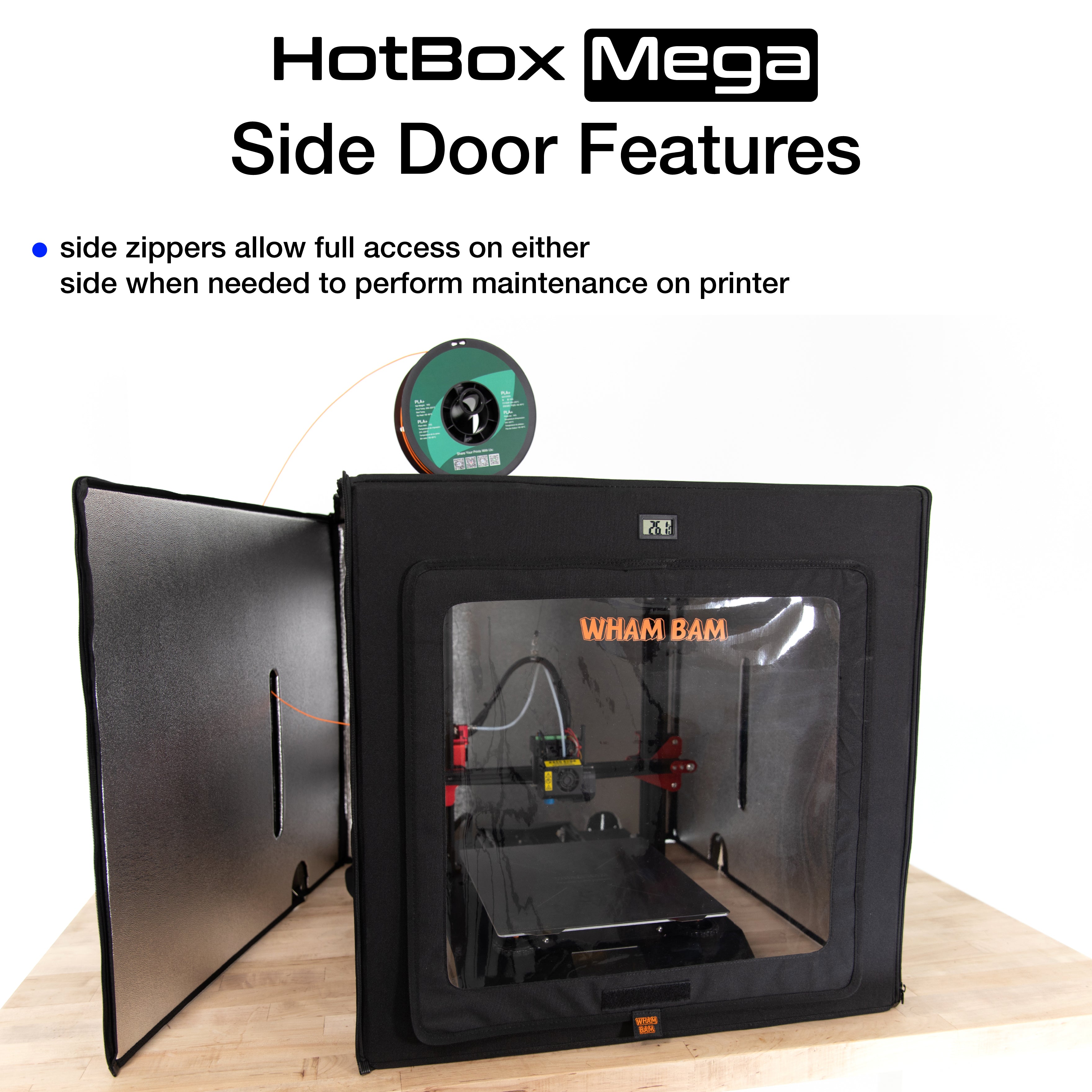 HotBox Mega in use with a 3D printer printing high-temperature filaments