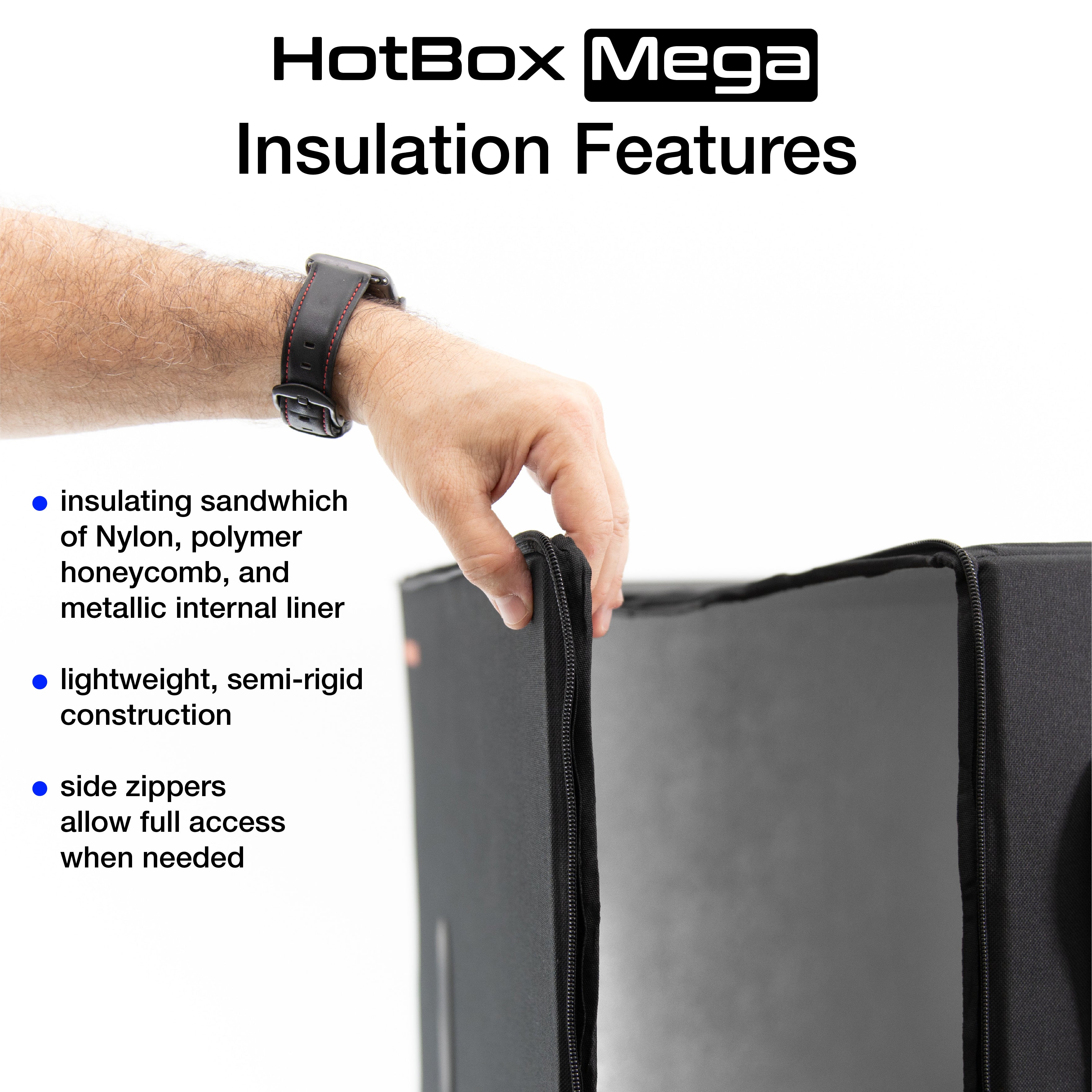 Close-up of the HotBox Megas insulated fabric and metallic heat liner