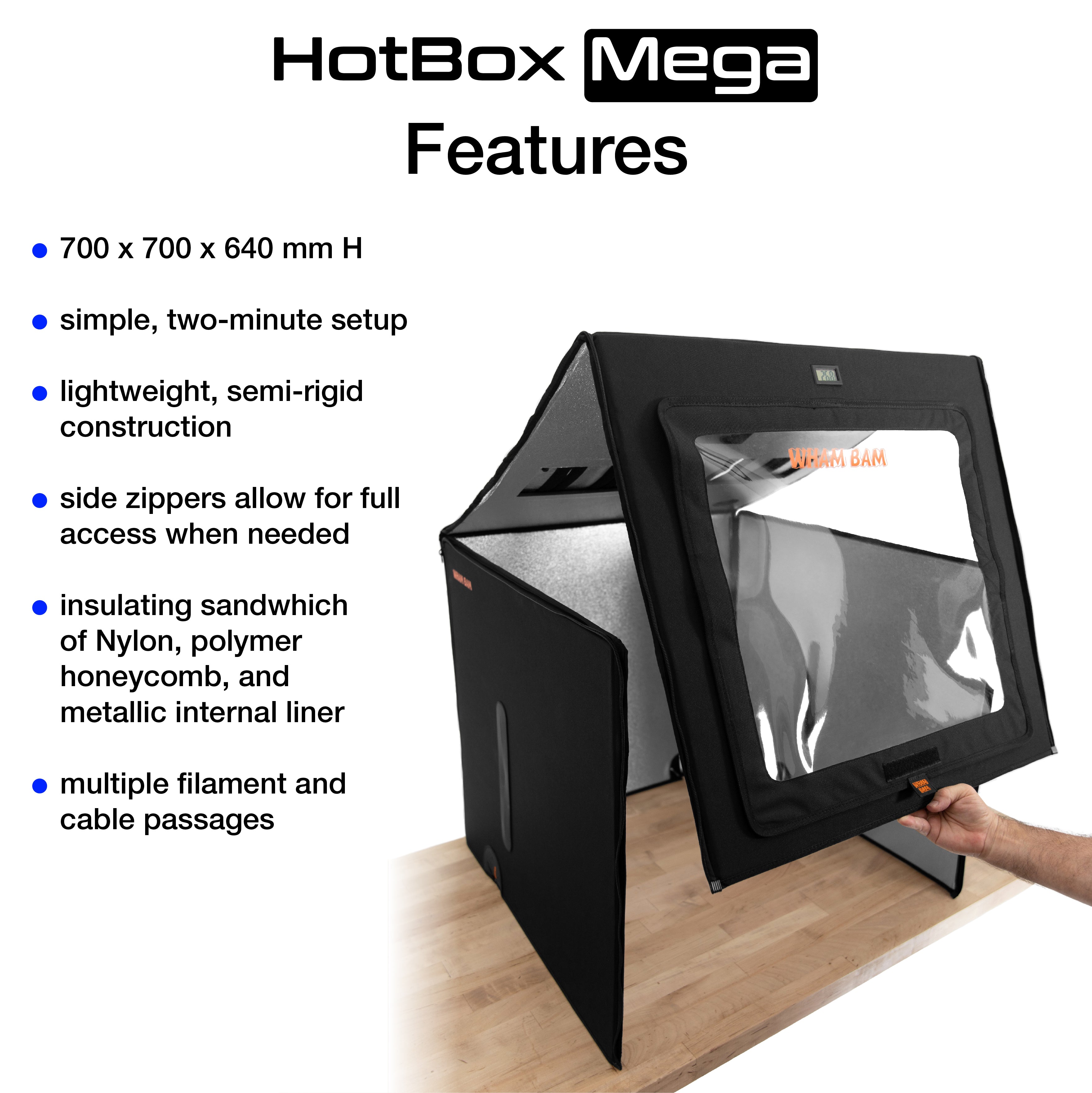 HotBox Mega in use with a 3D printer printing high-temperature filaments