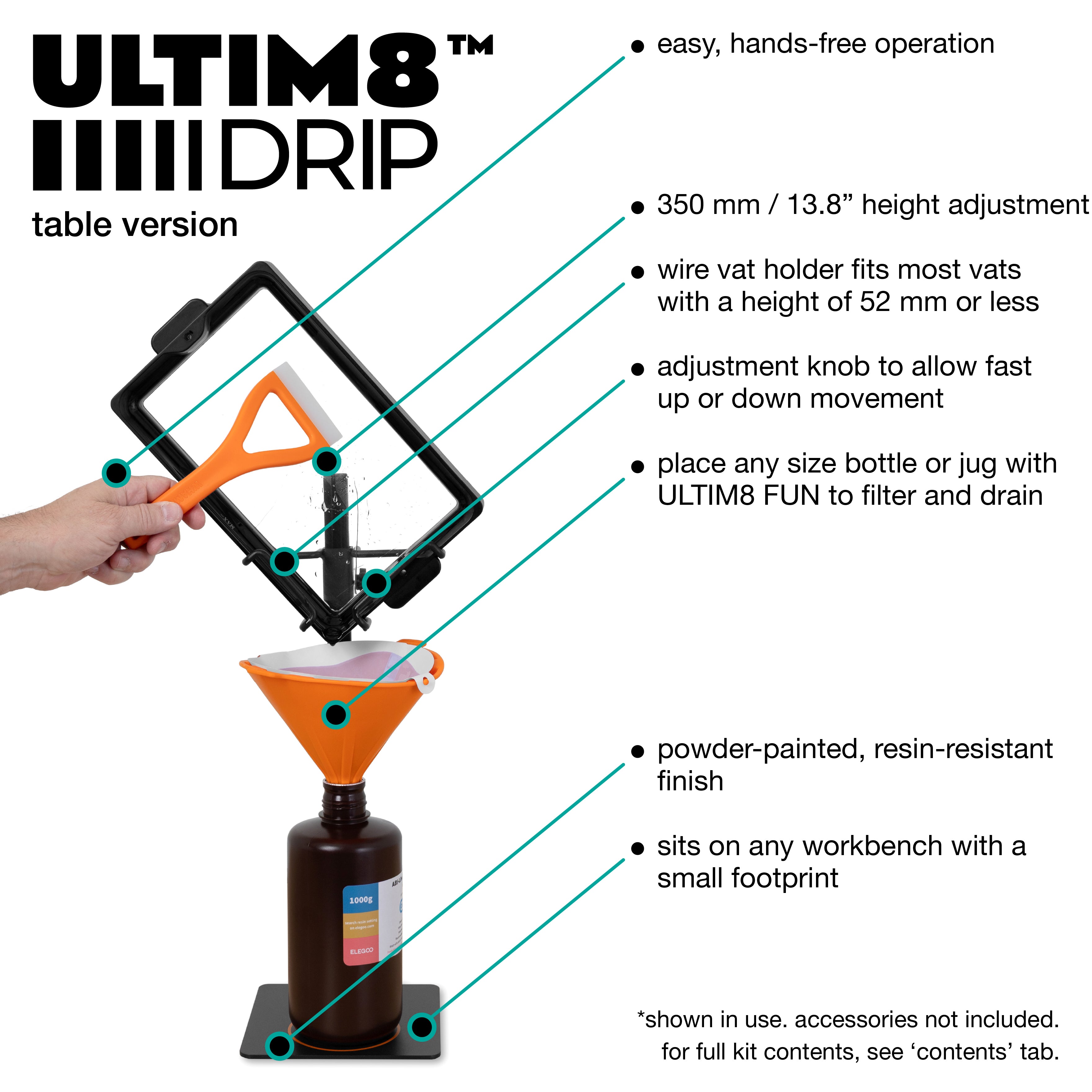 Resin printing setup featuring ULTIM8 DRIP drip tool for easy vat draining