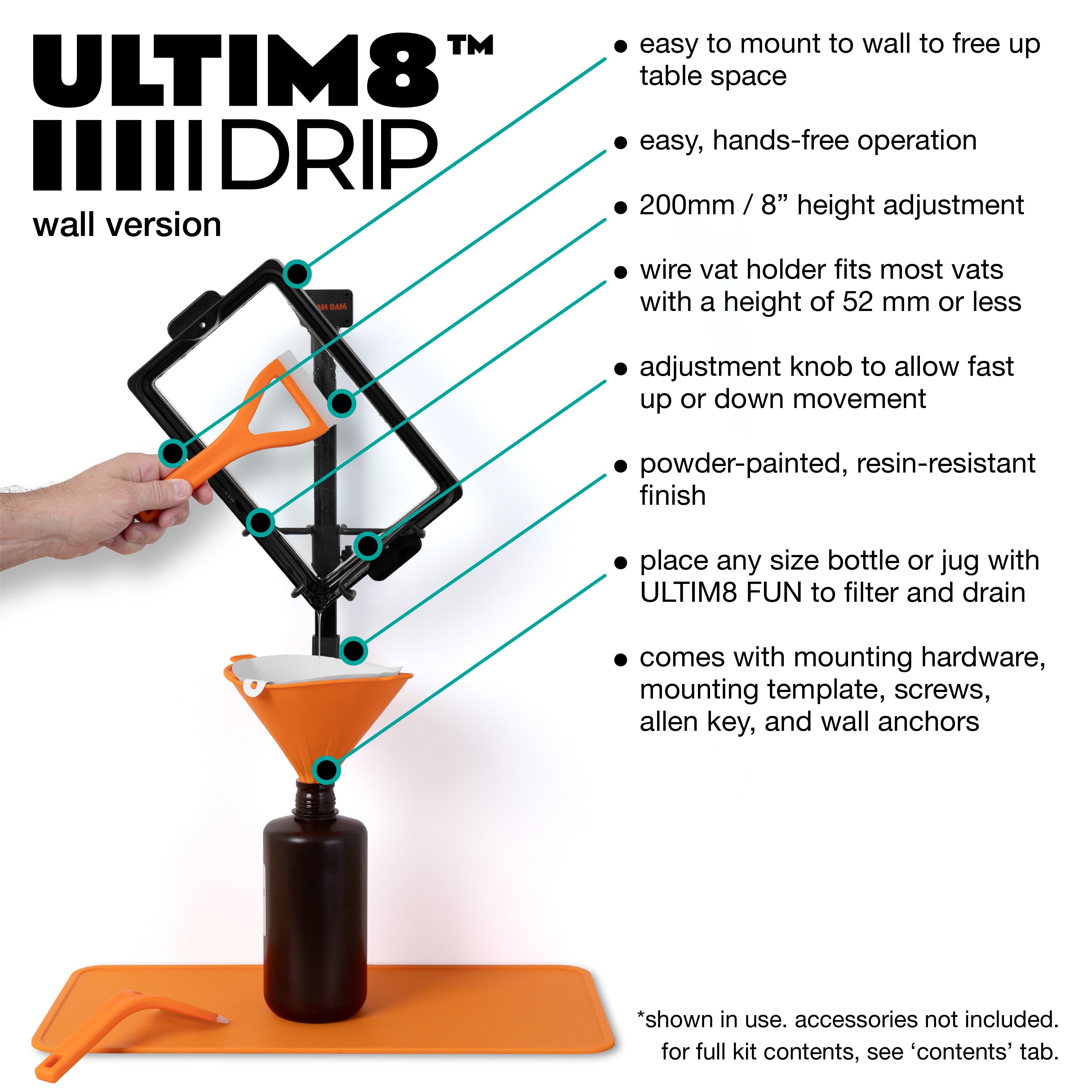 Hands-free resin draining setup with ULTIM8 system demonstrating space-saving design in a workshop.