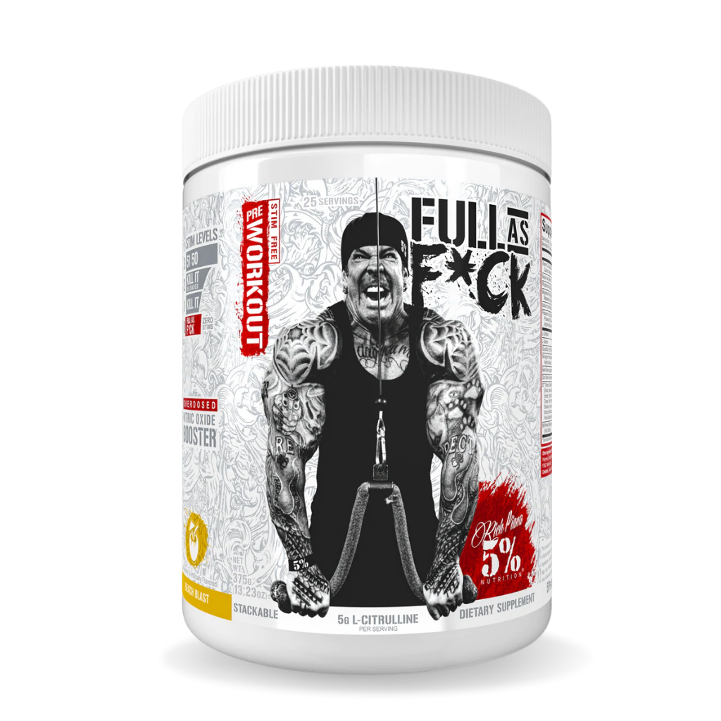 Close-up of Full Pressure™ tub angled toward gym lighting to highlight premium formula and pre-workout label