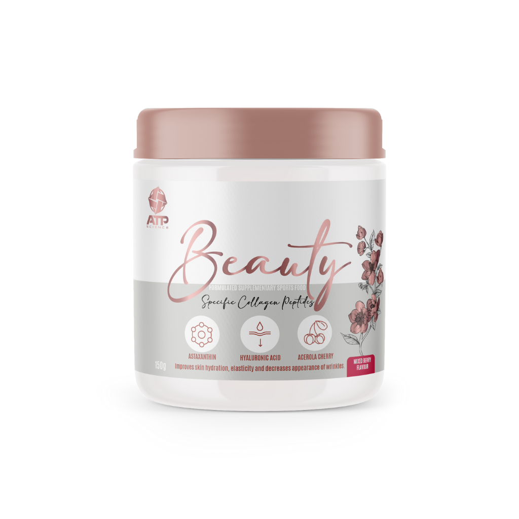 Radiant Glow Beauty Collagen bottle with a background of natural ingredients like Acerola Cherry and Hyaluronic Acid.