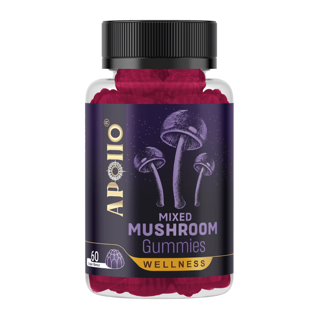Close-up of Vitality Boost Mushroom Gummies in a vibrant package, showcasing their delicious colors and textures.
