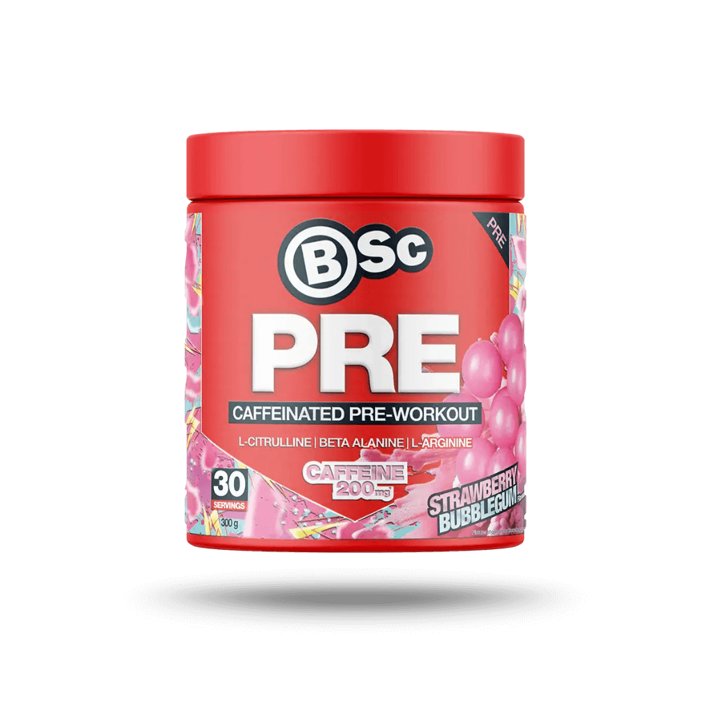 Close-up of BSC PowerFuel pre workout powder container showing energy-boosting ingredients