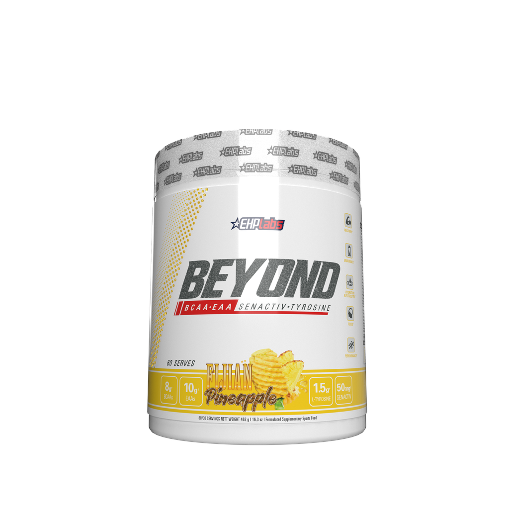 Close-up of Ultimate BCAA EAA Recovery Blend powder in a measuring scoop.