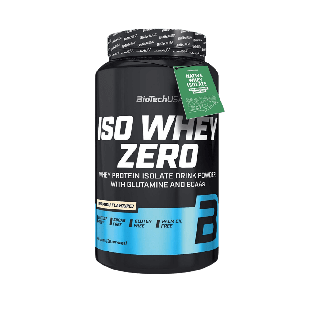 Close-up of PureIso Whey Zero gluten free protein powder scoop showing texture and branding