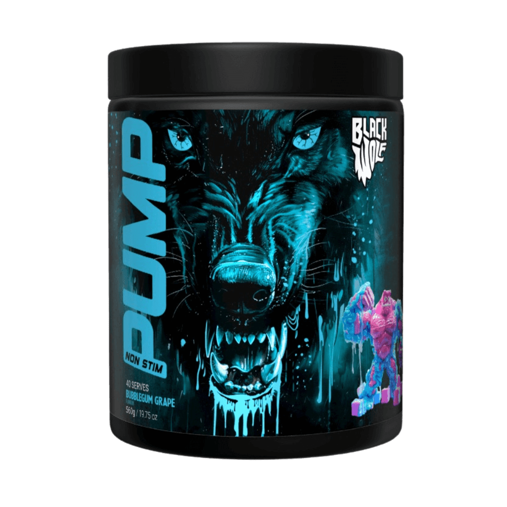 Close-up of a hand holding a scoop of Black Wolf Pump non-stim pre-workout powder