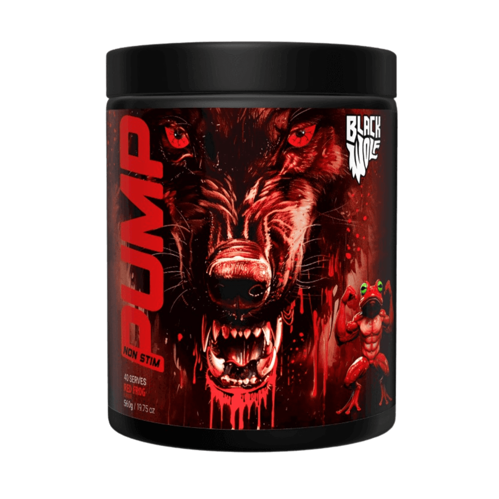 Displayed bottle of Black Wolf Pump pre-workout supplement with vibrant label