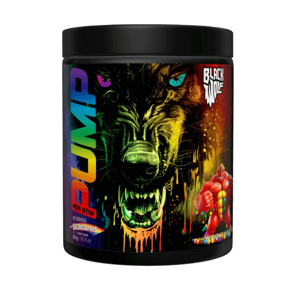 Close-up of a hand holding a scoop of Black Wolf Pump non-stim pre-workout powder