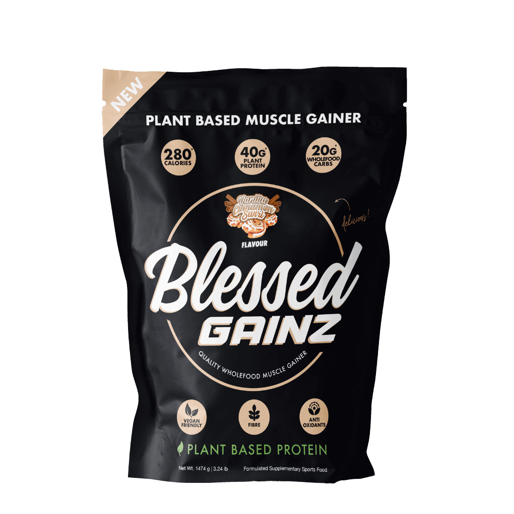 Front view of Blessed Gainz Plant-Based Mass Gainer showcasing its packaging and nutrition facts.