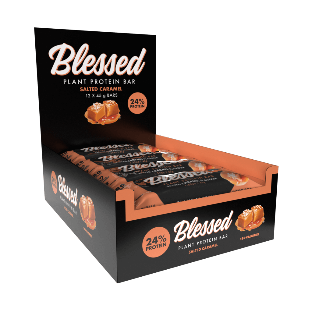 Blessed Vegan Protein Bar displayed on a wooden table, perfect for healthy snacks on-the-go.