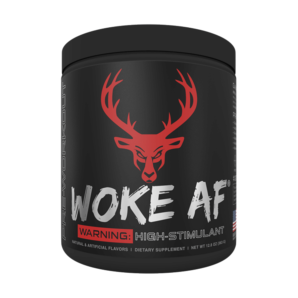 Close-up of Woke AF high-stim pre-workout powder in a shaker bottle, ideal for gym energy boosts