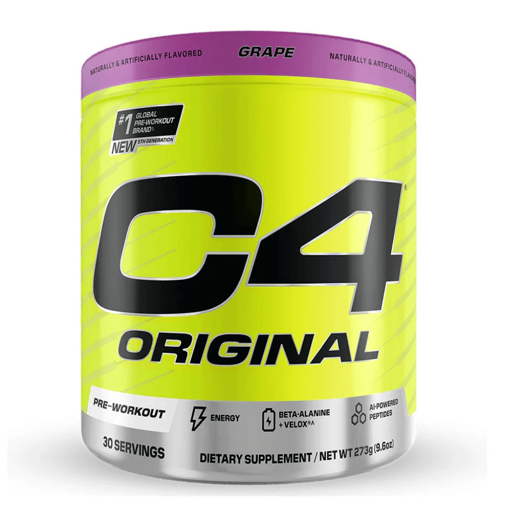 C4 Original pre-workout supplement powder in a scoop with water, showcasing energy boost.