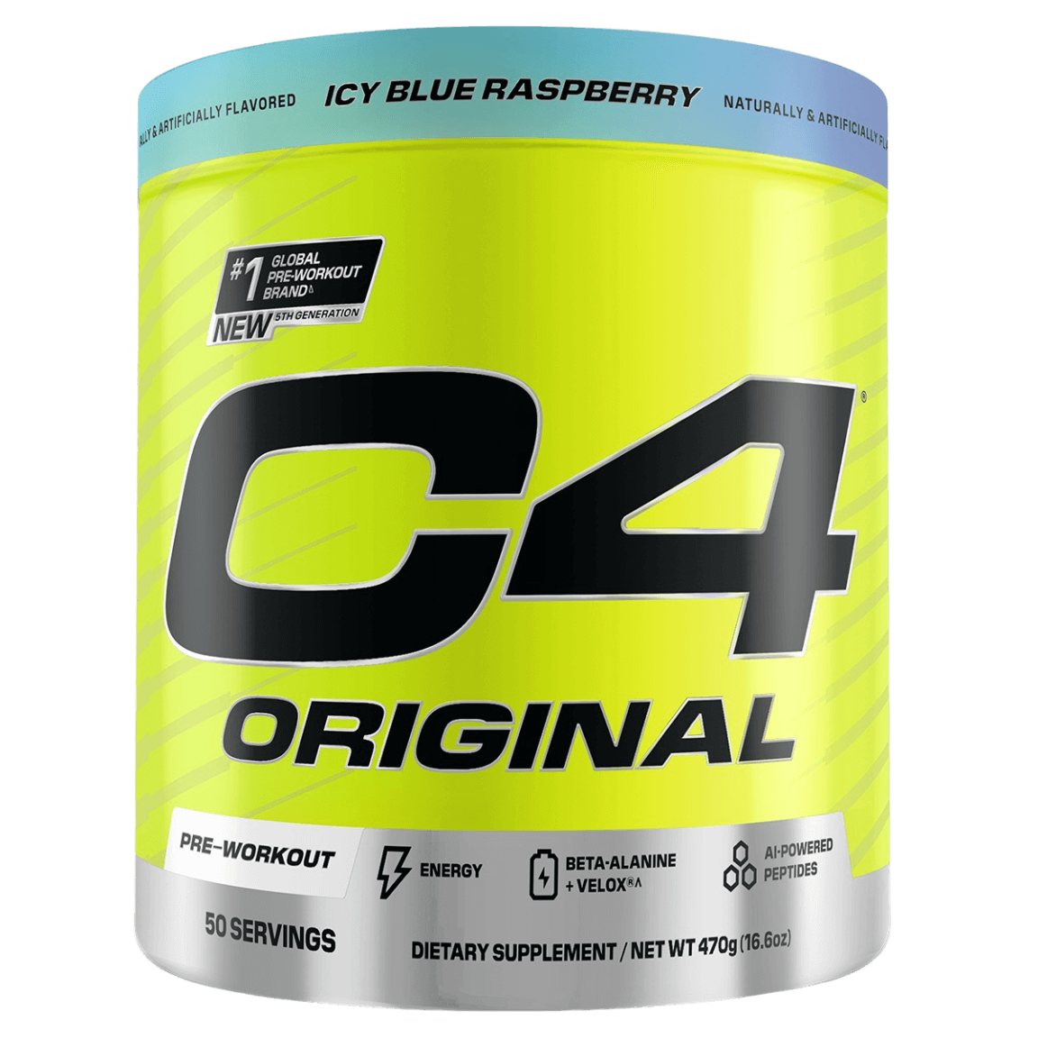Close-up of C4 Original packaging with energetic background, illustrating workout enhancement.