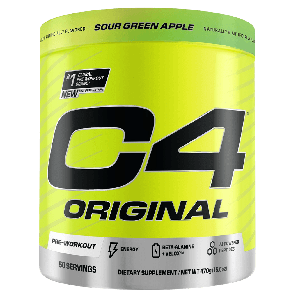 Athlete taking C4 pre-workout before gym workout, emphasizing endurance and focus.