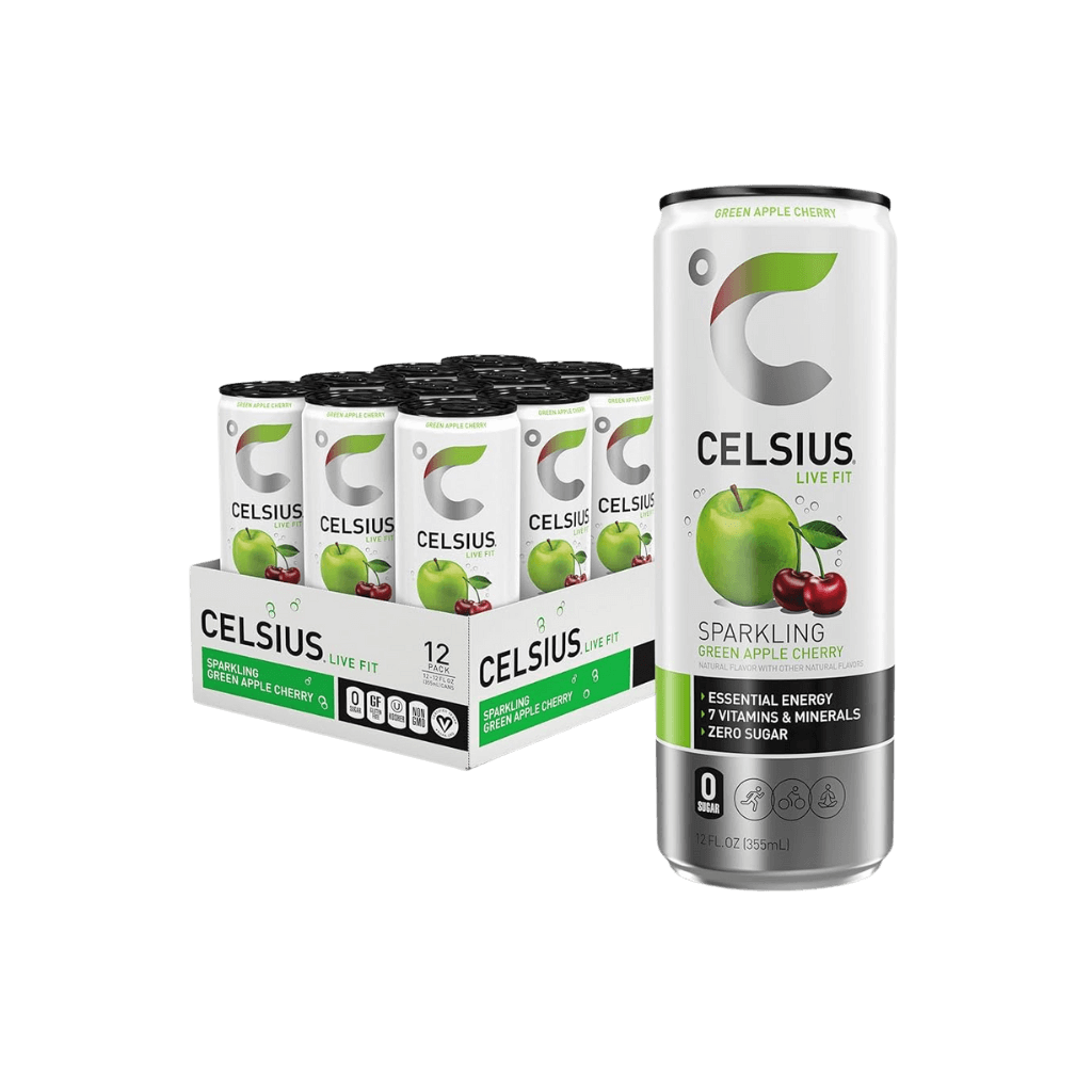 Close-up of a Celsius drink can, highlighting its vibrant design and refreshing appeal for fitness enthusiasts.