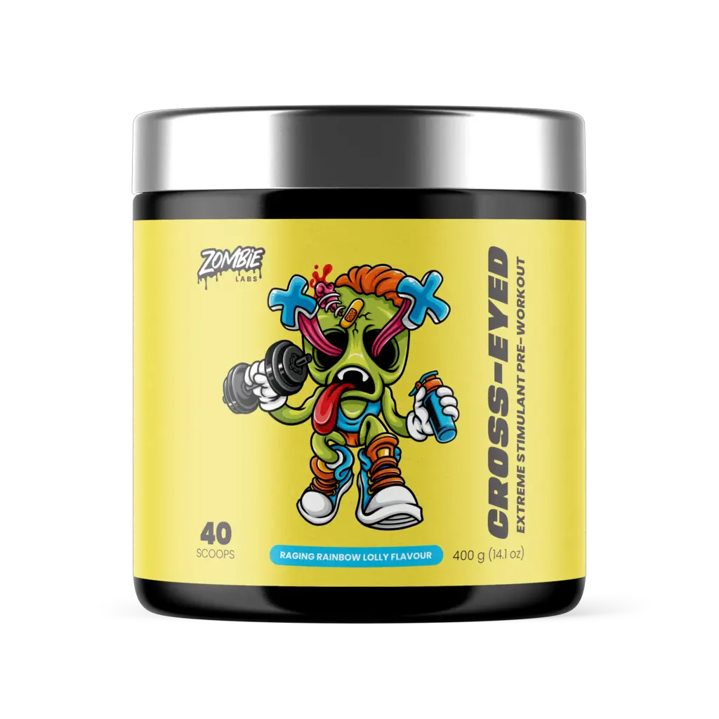 Close-up of Zombie Power Pre-Workout Boosters ingredients, emphasizing natural energy sources.