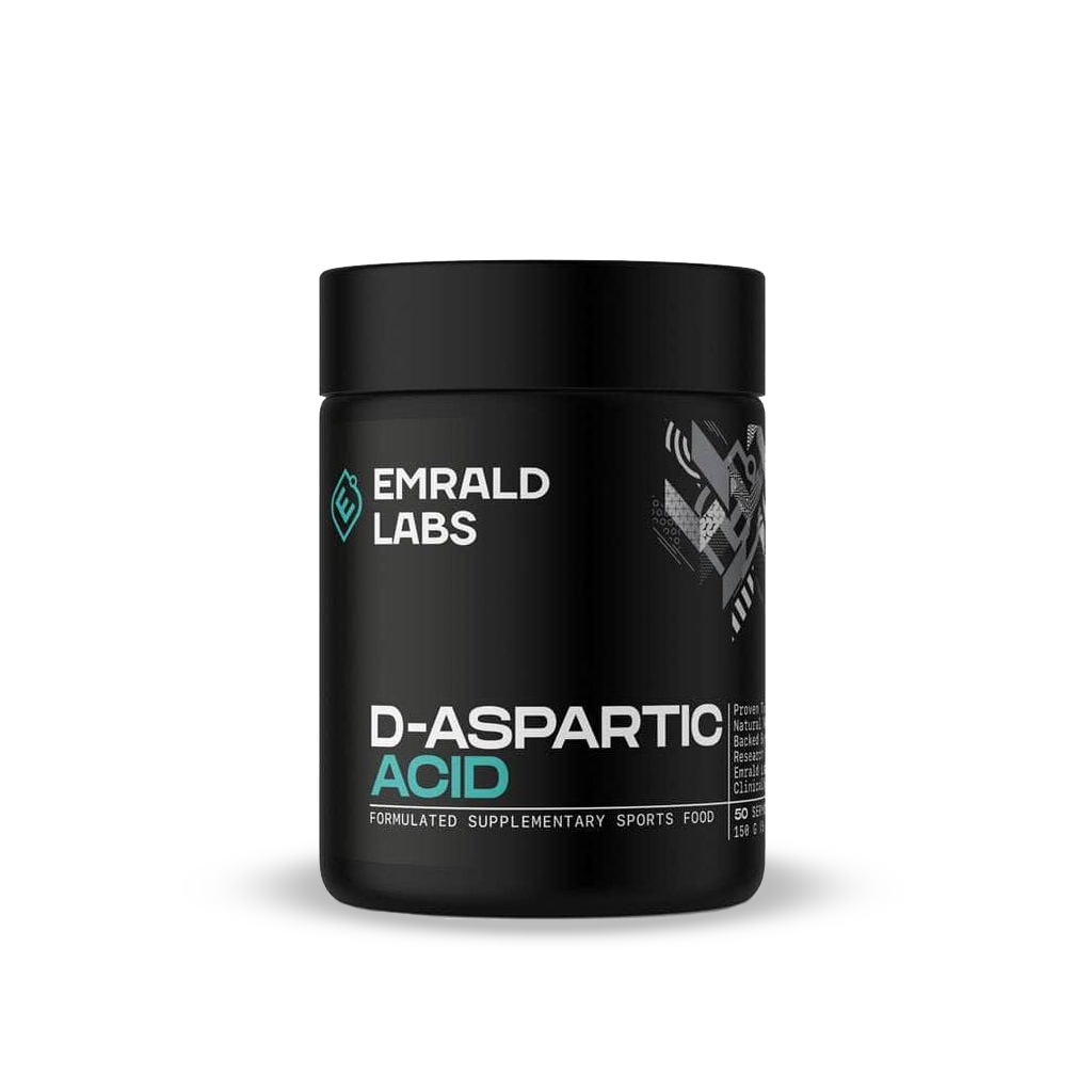Close-up of Emrald Labs D-Aspartic Acid bottle showcasing its premium quality.