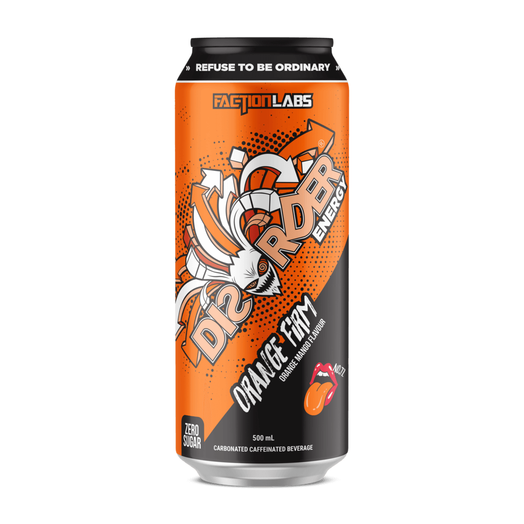 Close-up of Disorder RTD ready-to-drink energy beverage for gym use