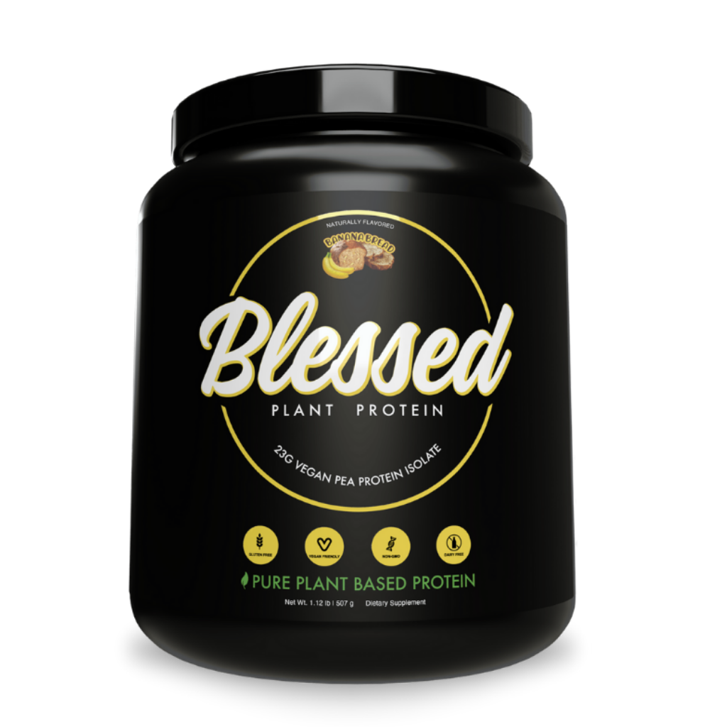 Close-up of Blessed Plant Protein scoop with fresh fruits, highlighting natural plant-based ingredients