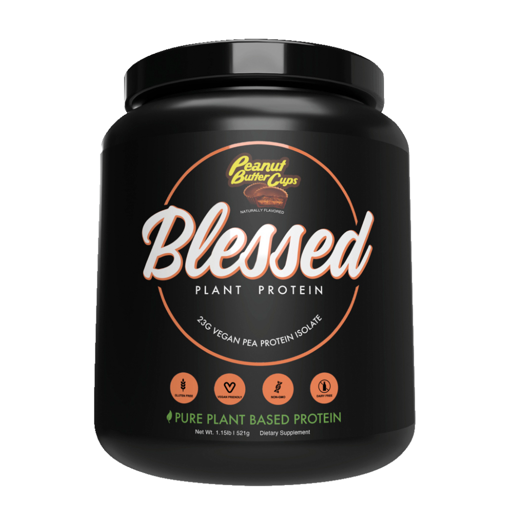 Close-up of Blessed Plant Protein scoop with fresh fruits, highlighting natural plant-based ingredients