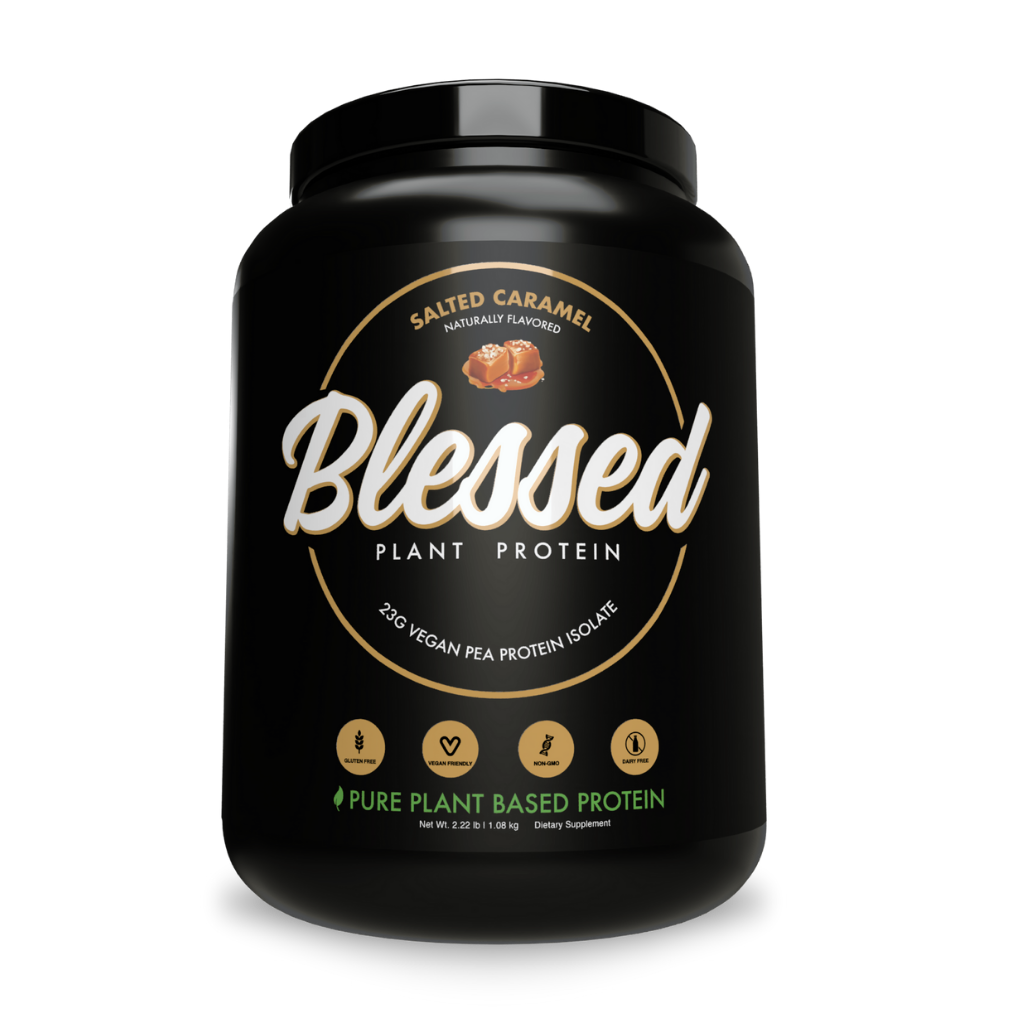 Close-up of Blessed Plant Protein scoop with fresh fruits, highlighting natural plant-based ingredients
