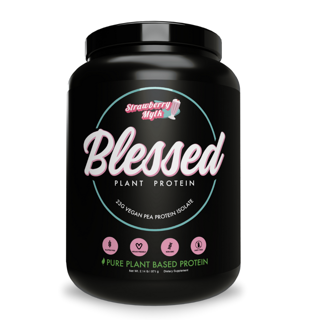 Container of Blessed Plant Protein with eco-friendly packaging, emphasizing sustainability