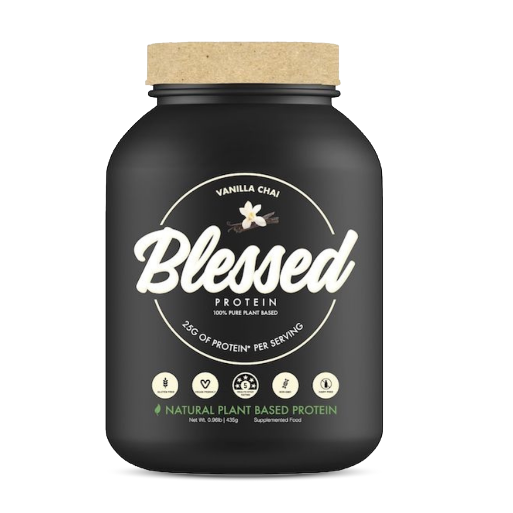 Container of Blessed Plant Protein with eco-friendly packaging, emphasizing sustainability
