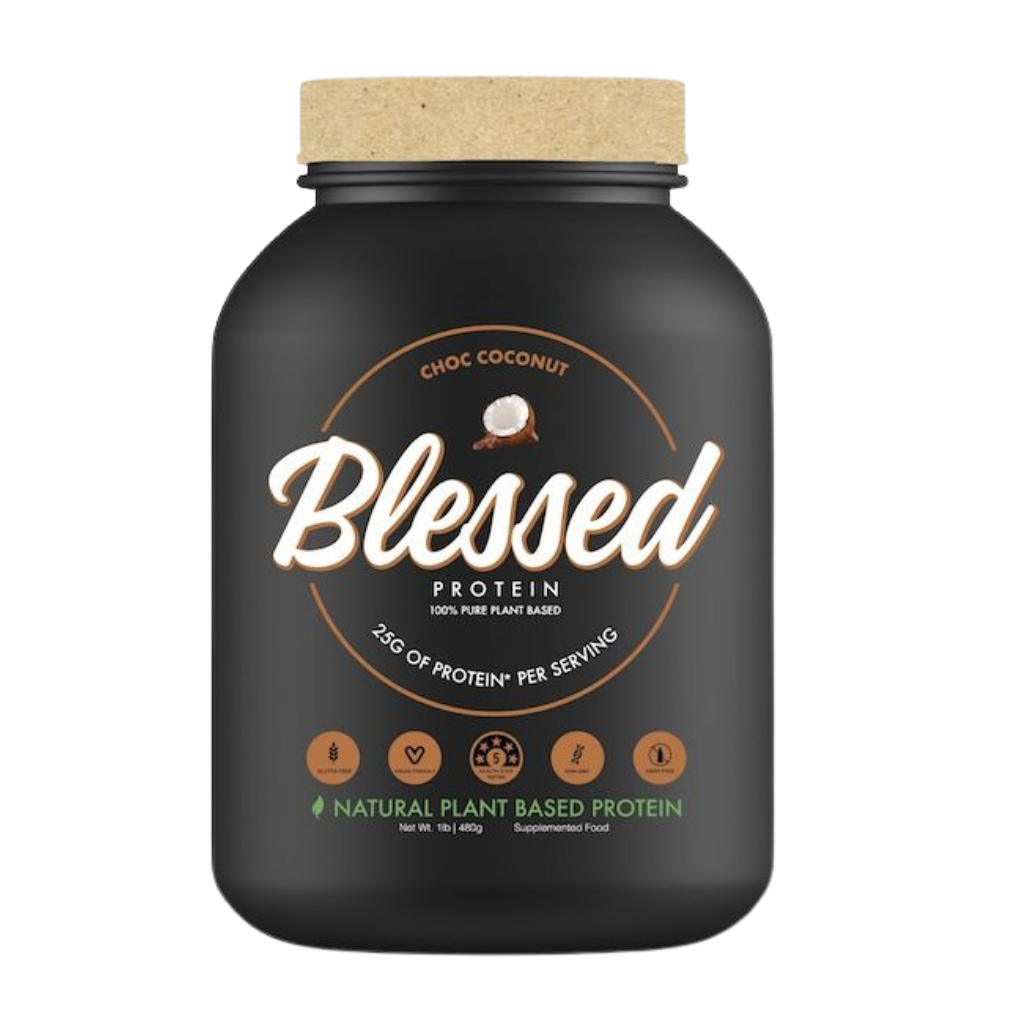 Container of Blessed Plant Protein with eco-friendly packaging, emphasizing sustainability