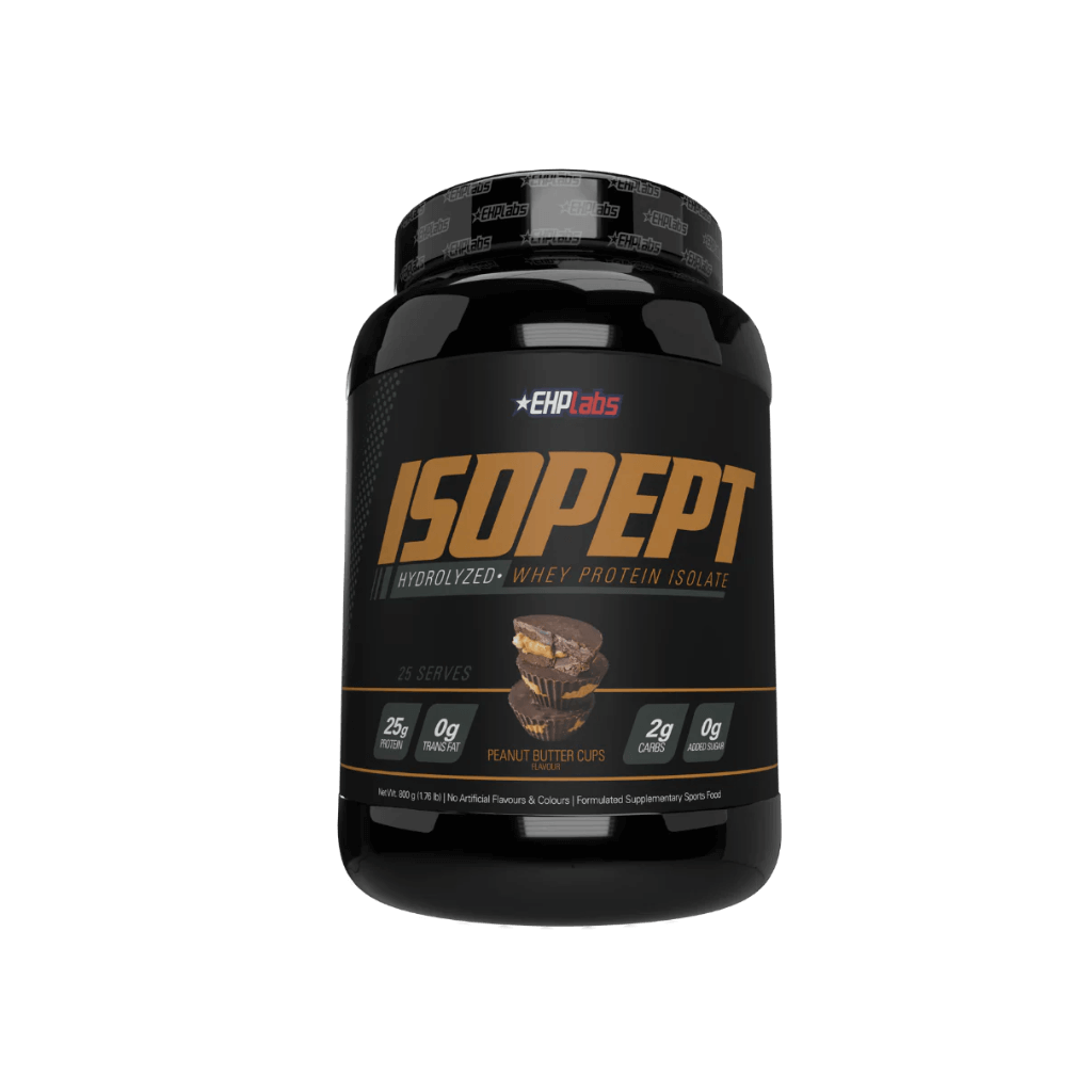 Front angle of IsoPept Ultra Recovery Blend tub featuring clean label and hydrolyzed protein benefits