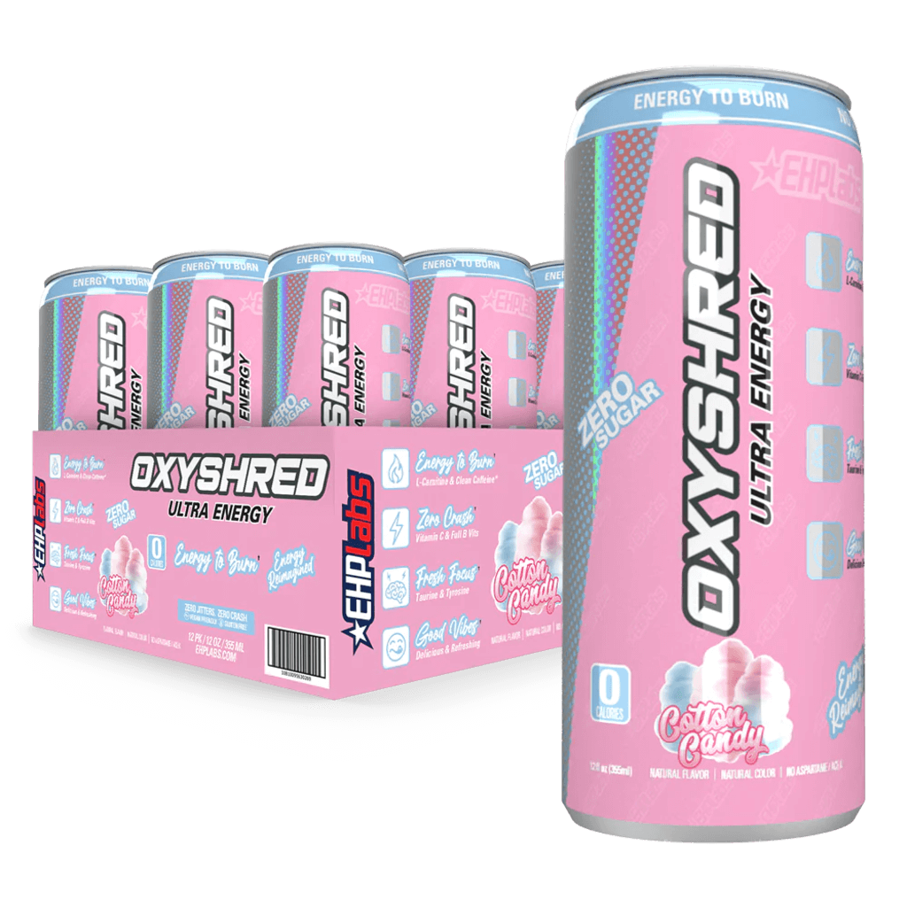 Close-up of OxyShred Ultra Energy RTD highlighting its carbonation and vibrant packaging, perfect for energizing workouts.