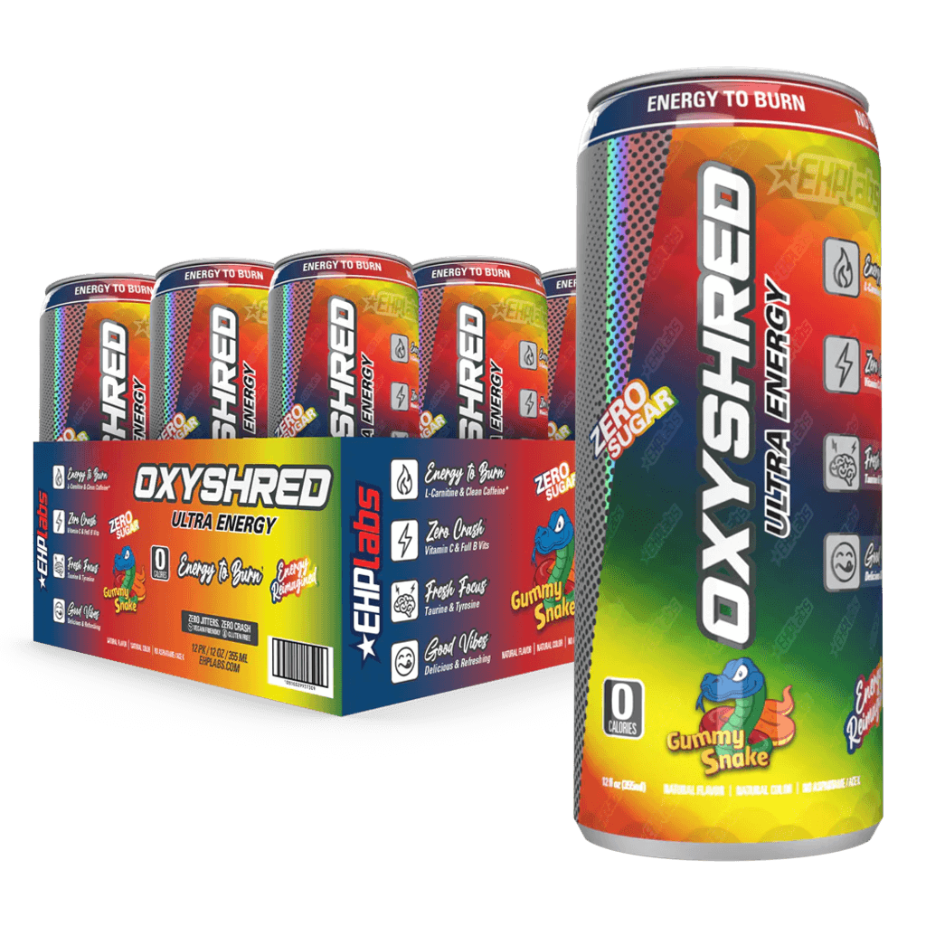 OxyShred Ultra Energy RTD can displayed in a gym setting, showcasing its refreshing appeal for fitness enthusiasts.