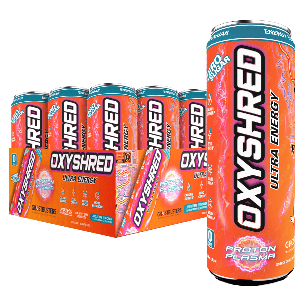 OxyShred Ultra Energy RTD can displayed in a gym setting, showcasing its refreshing appeal for fitness enthusiasts.