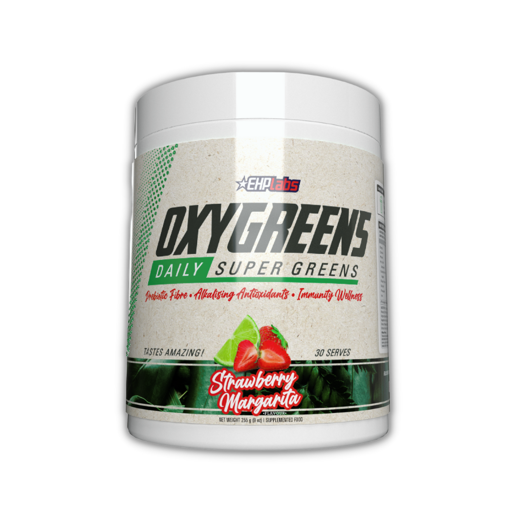 An overhead view of the Vitality Greens container with fresh berries and greens, representing a plant-based immunity booster.