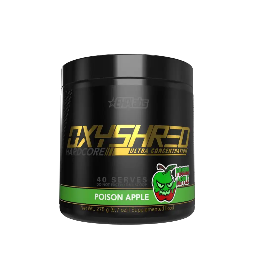 Close-up of Oxyshred Hardcore supplement powder, perfect energy supplement for workouts
