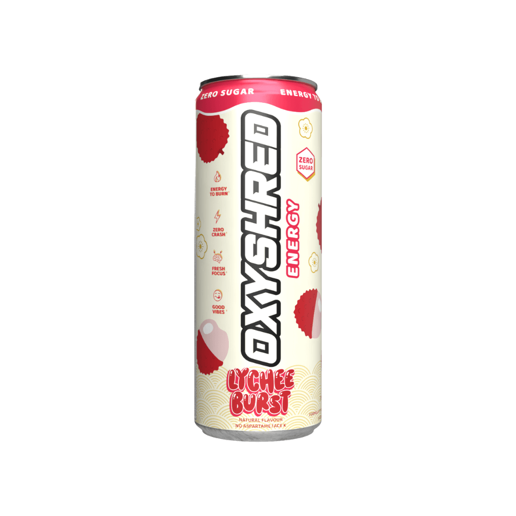 OxyShred Ultra Energy RTD can displayed in a gym setting, showcasing its refreshing appeal for fitness enthusiasts.