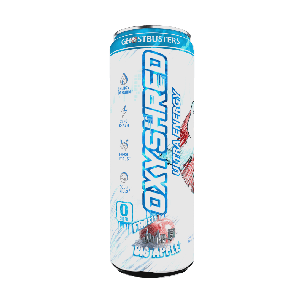 Close-up of OxyShred Ultra Energy RTD highlighting its carbonation and vibrant packaging, perfect for energizing workouts.
