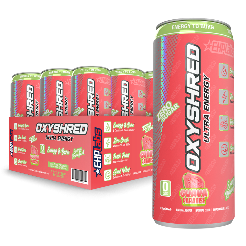 OxyShred Ultra Energy RTD can displayed in a gym setting, showcasing its refreshing appeal for fitness enthusiasts.