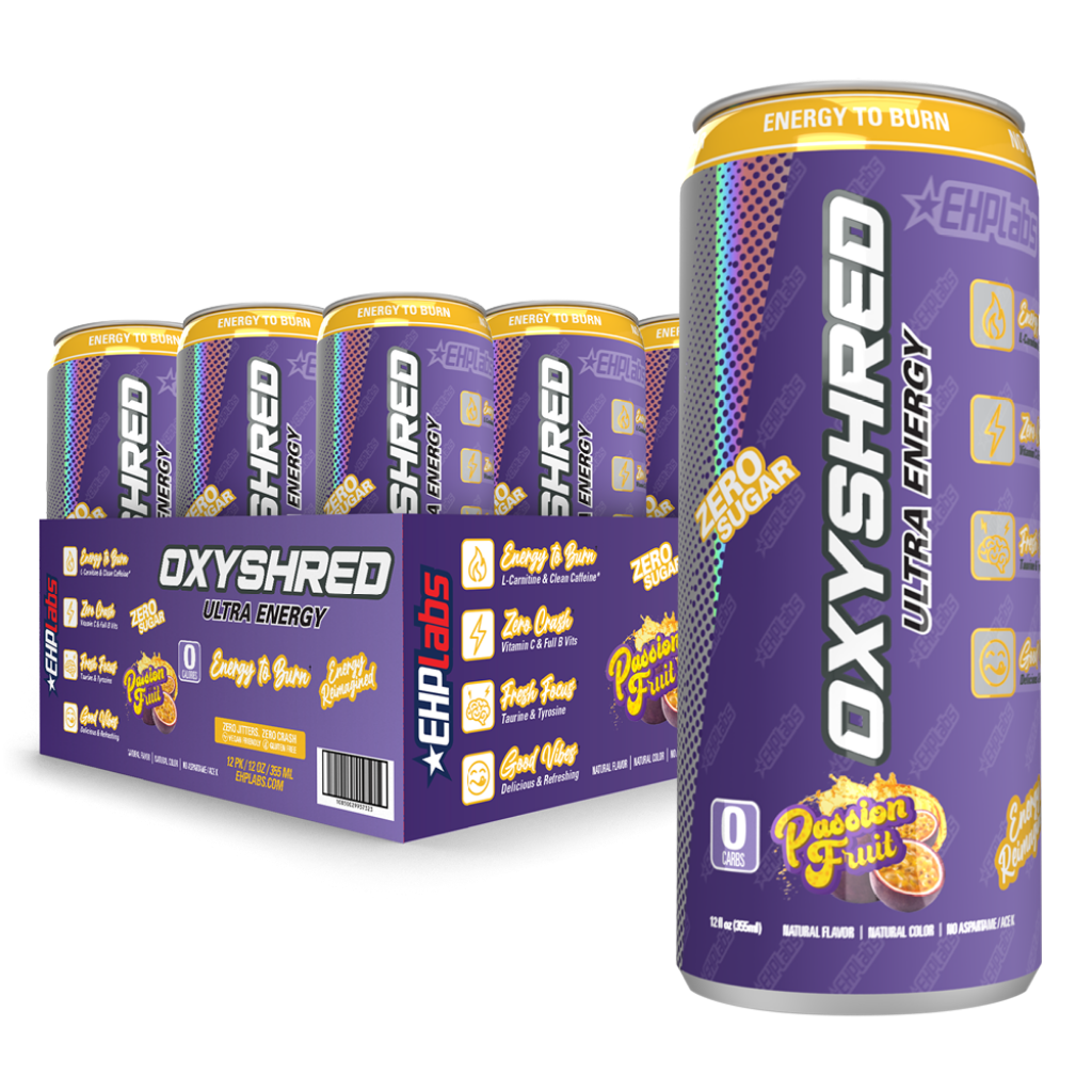 Close-up of OxyShred Ultra Energy RTD highlighting its carbonation and vibrant packaging, perfect for energizing workouts.