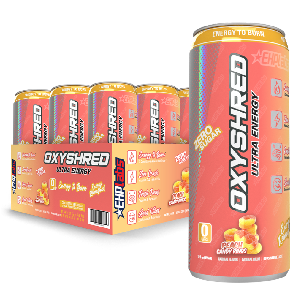 Close-up of OxyShred Ultra Energy RTD highlighting its carbonation and vibrant packaging, perfect for energizing workouts.