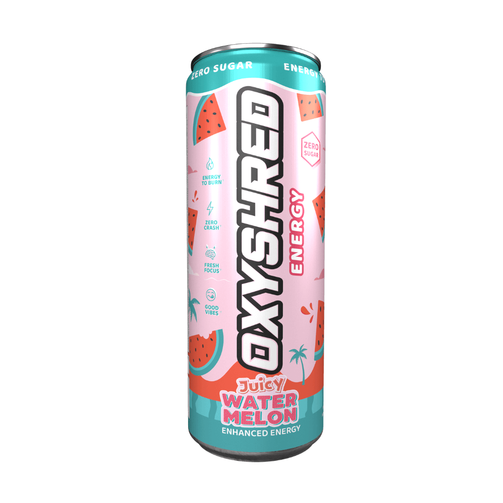 OxyShred Ultra Energy RTD can displayed in a gym setting, showcasing its refreshing appeal for fitness enthusiasts.