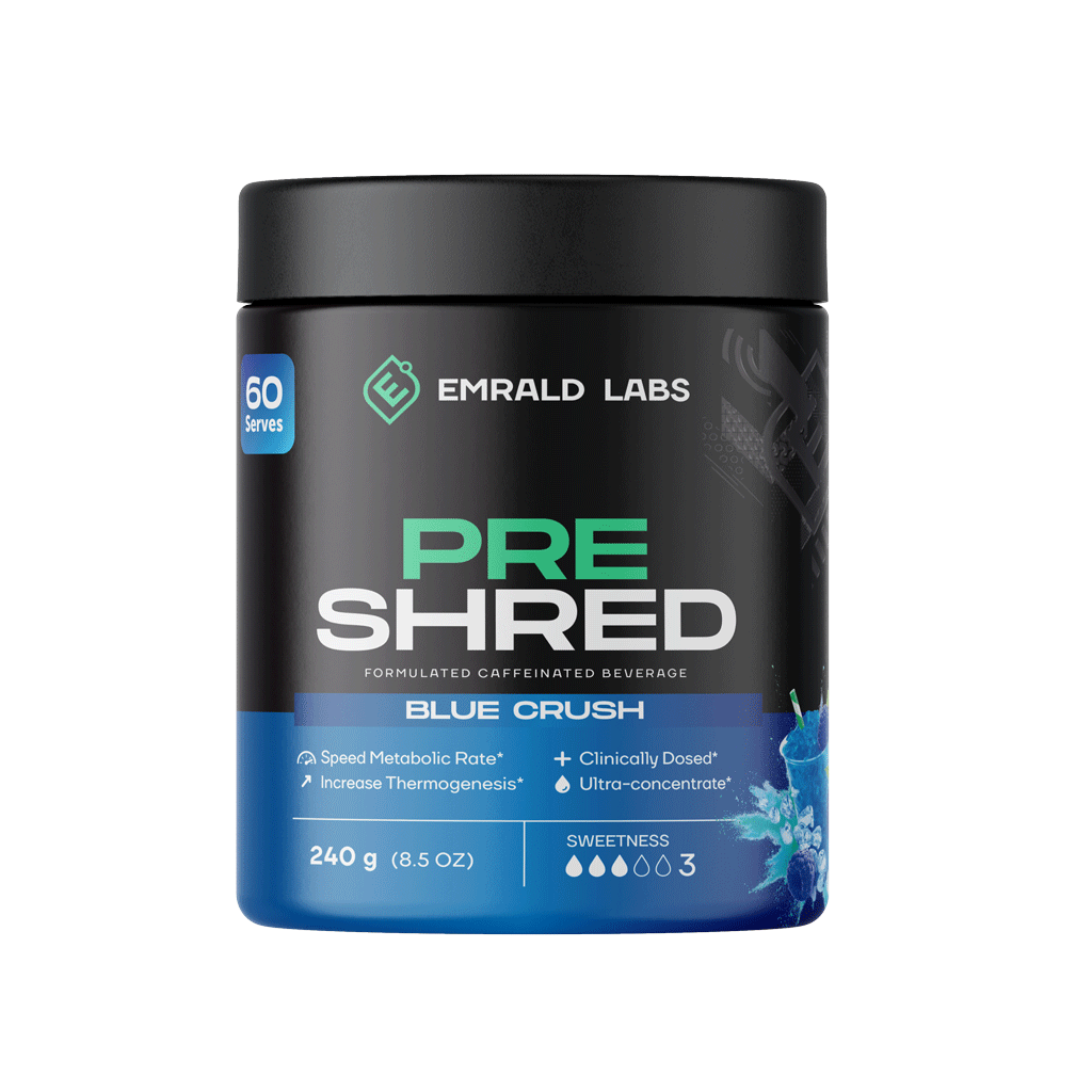 Emrald Labs Pre Shred Energy Booster mixed in water, showcasing its vibrant color and texture.