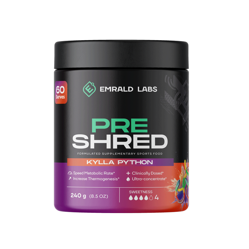 A close-up of the Emrald Labs Pre Shred packaging, highlighting its Australian-made label and nutritional benefits.