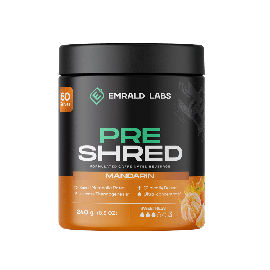 A fitness enthusiast enjoying a refreshing drink of Emrald Labs Pre Shred before an intense workout, radiating energy and focus.
